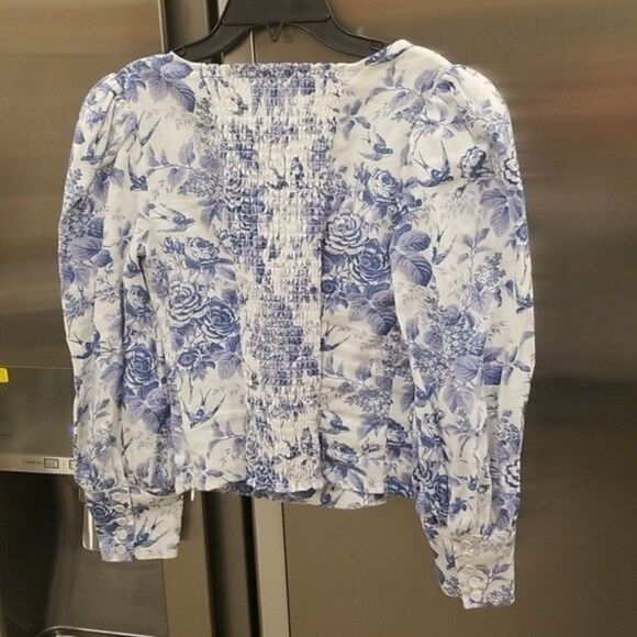 💕REFORMATION💕 Stilton Linen Top  Pompadour Blue White Floral Bird Print 2 NWT - Picture 6 of 13
